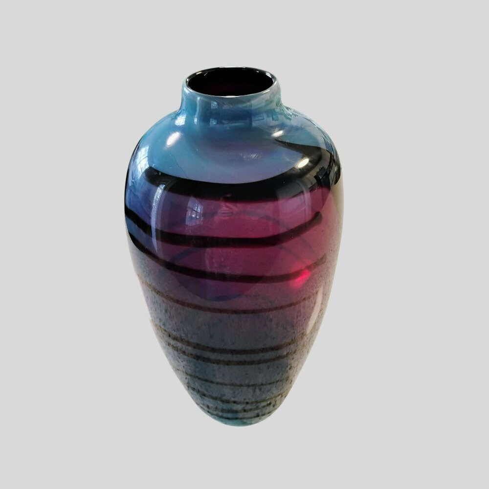 Handblown Iridescent Art Glass Vase With Abstract Design Blue & Purple Tones 12" - Picture 8 of 16